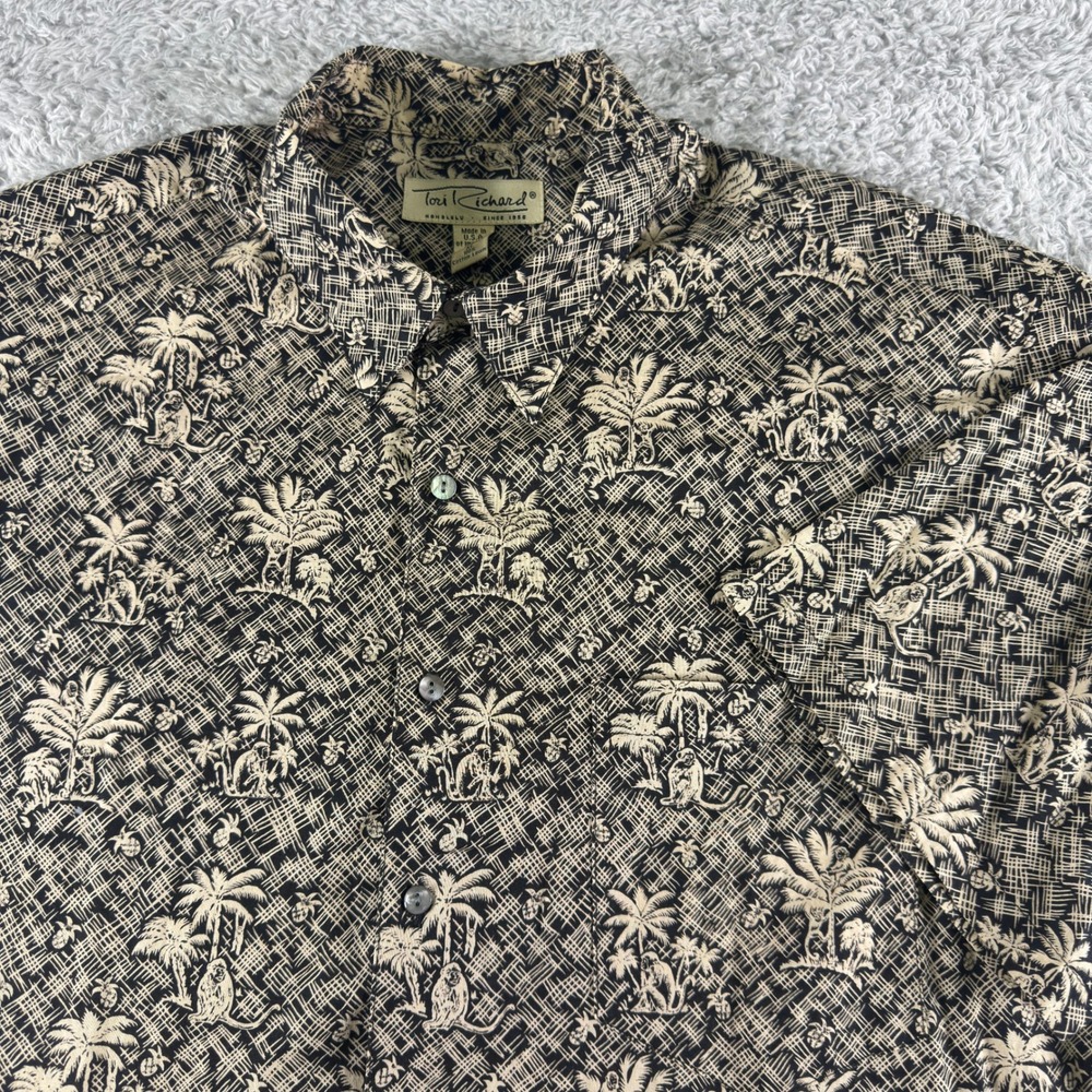 Tori Richard Mens XL Cotton Lawn Monkey Palm Tree Tropical Hawaiian Shirt Black